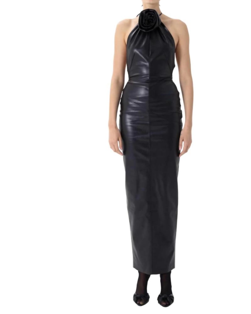 Front of a model wearing a size L Danz Dress In Black in Black by RONNY KOBO. | dia_product_style_image_id:350868